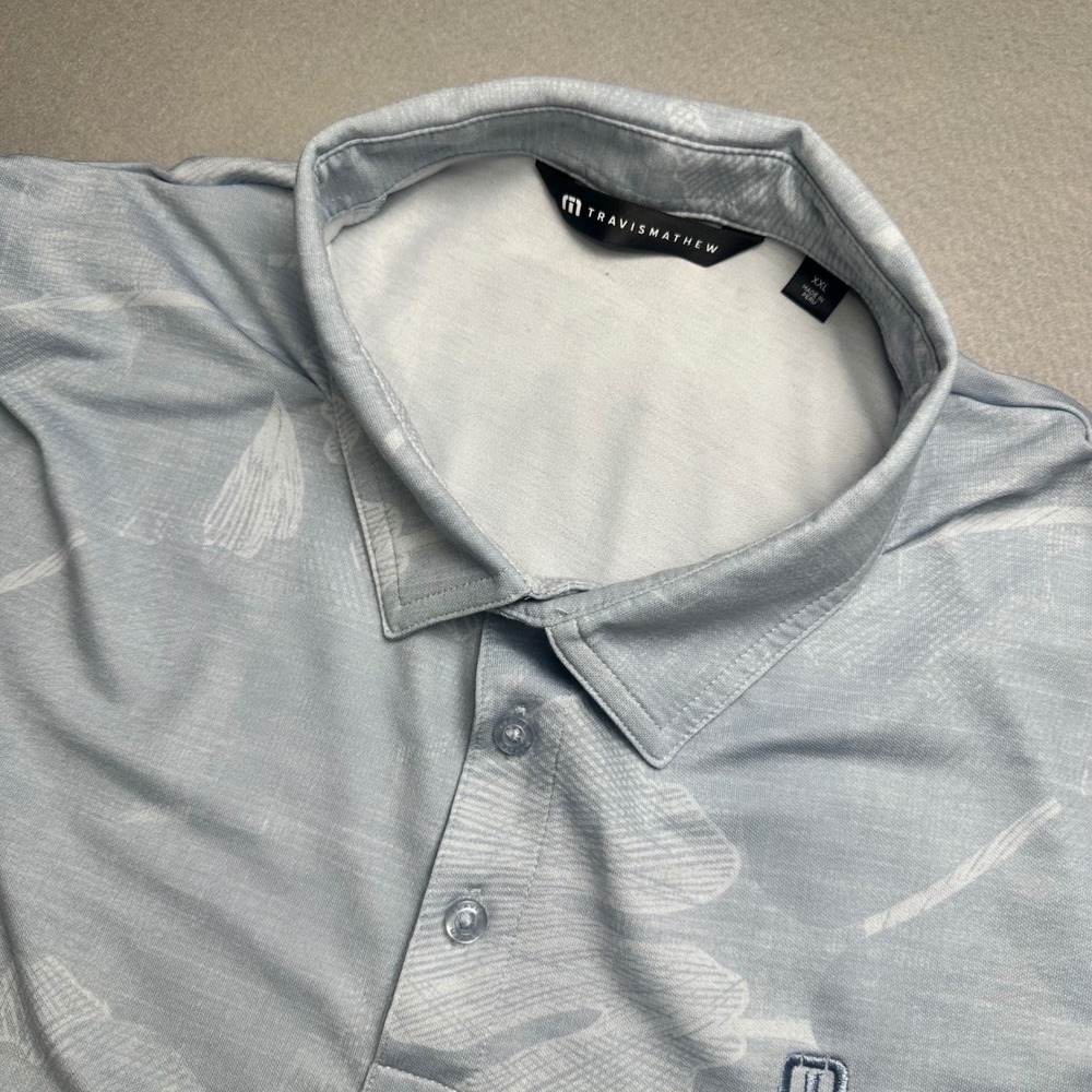 TravisMathew Polo Shirt Mens XXL Blue Ginkgo Leaf Fair Oaks Ranch Performance